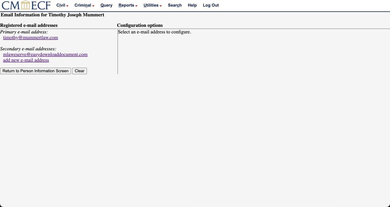 Maryland District Court email setup screenshot